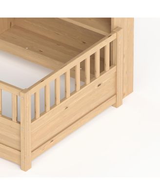 Wood Floor Bed with Fence Guardrail & Side Storage