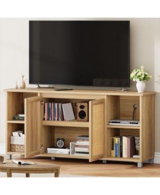 70 Inch TV Stand, Mid-Century Modern Entertainment Center with Rattan Cabinet Doors, Media Console with Open Shelves
