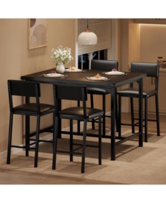 Dining Table Set for 4 w/Footrest and Corner Protector 5-Piece Kitchen Table Set with Counter Height Table and 4 Upholstered Bar Stools