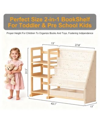 Wood Bookshelf for Kids - Storage with Sling Pockets and Drawers