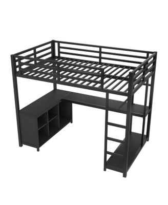 Metal Loft Bed with Wardrobe, L-shaped Desk & Storage, Black