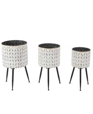 Set of 3 Distressed White and Black Metal Cachepot Planters with Legs