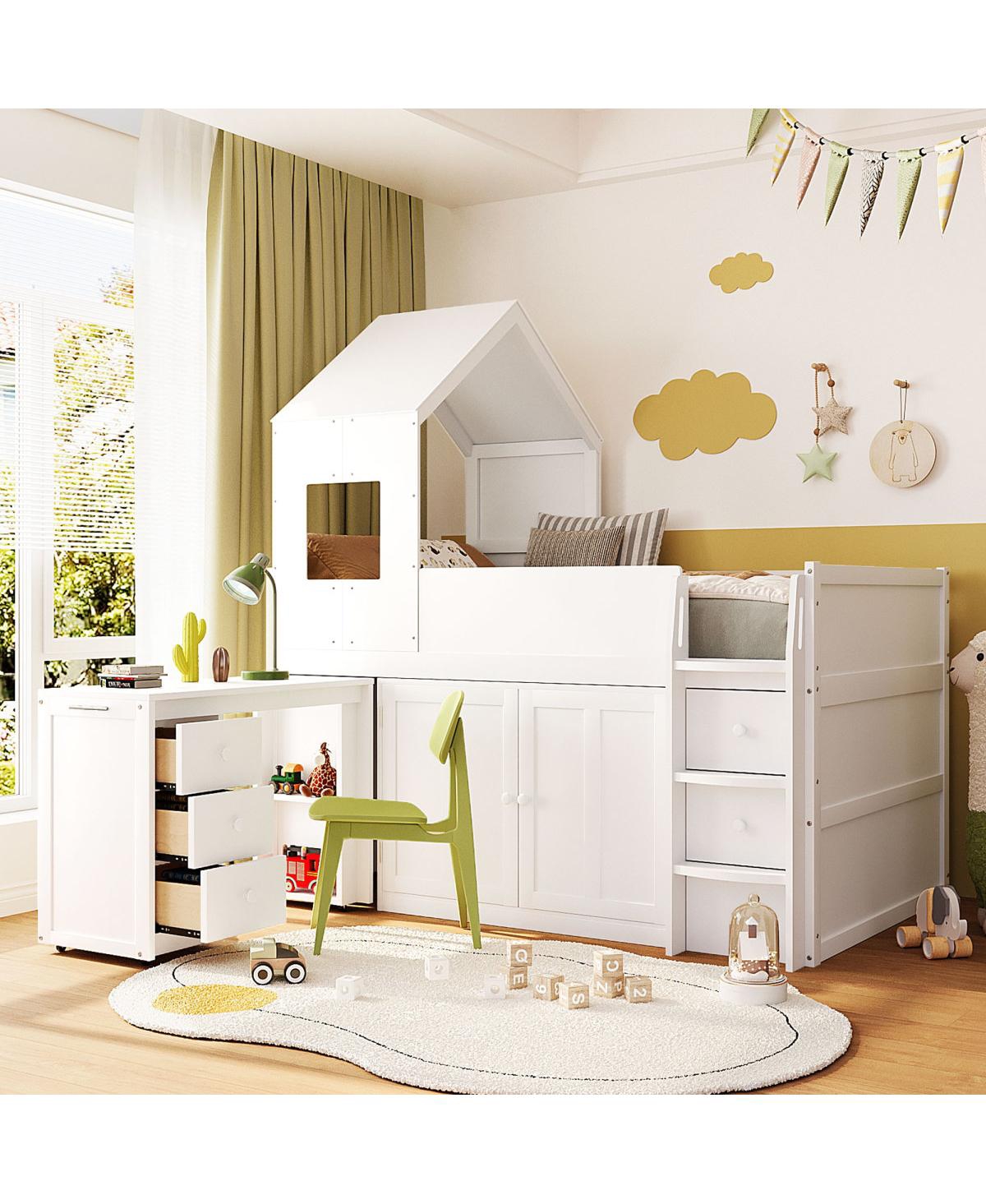 Streamdale Furniture Twin Size Wooden Loft Bed with Desk, Drawers and Cabinets