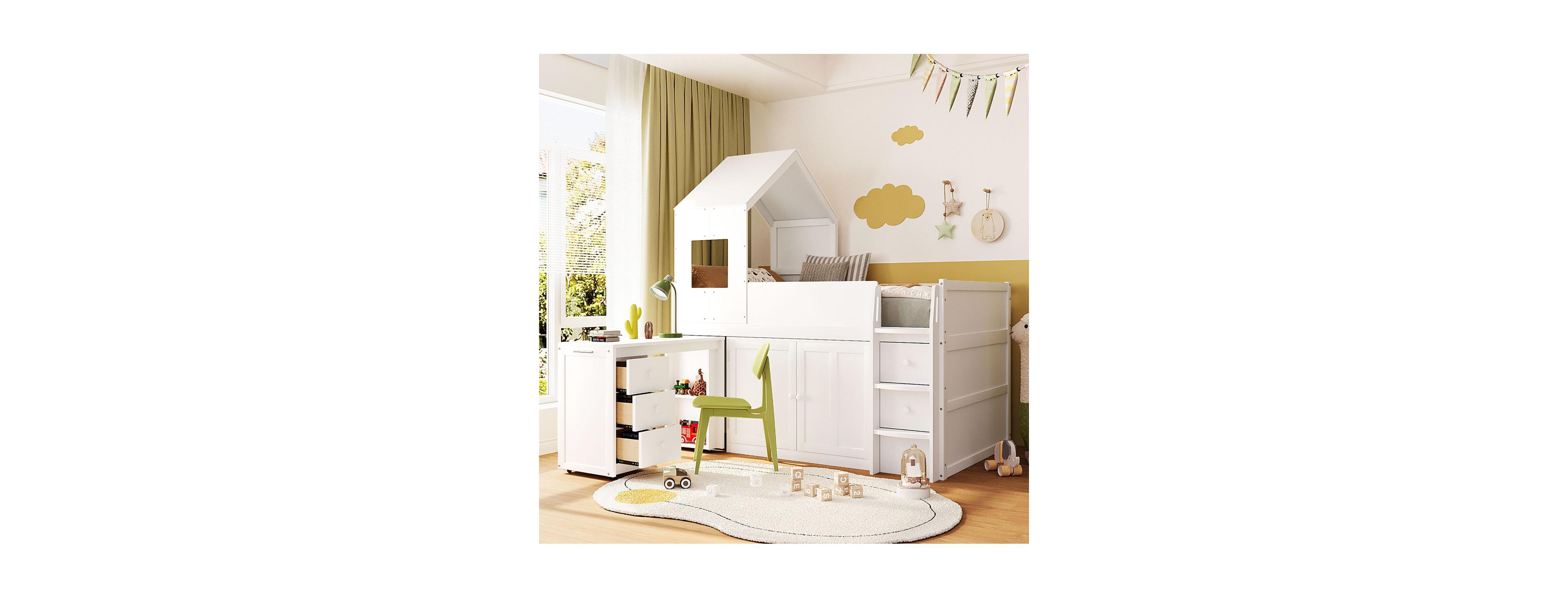 Streamdale Furniture Twin Size Wooden Loft Bed with Desk, Drawers and Cabinets