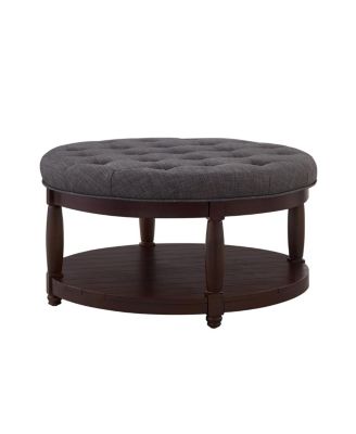 Large Round Tufted Linen Ottoman Coffee Table with Wood Shelf