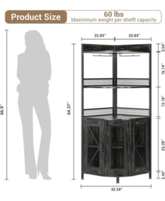 64 Inch Tall Corner Bar Cabinet with LED Strip 5-Tiers Industrial Bar Cabinet with Power Outlet and Glass Holder Wine Cabinet