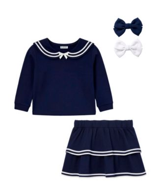 Baby Girls' Long-Sleeve Top & Skort with Hairclip, 3-Piece Set