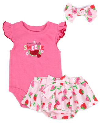 Baby Girls' Sleeveless Bodysuit, Diaper Cover Shorts and Printed Headband, 3-Piece Set