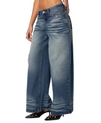 Women's Faux Leather Pocket Low Rise Baggy Jeans