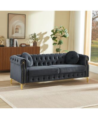 Velvet Chesterfield Sofa with Pillows & Studs, Metal Legs