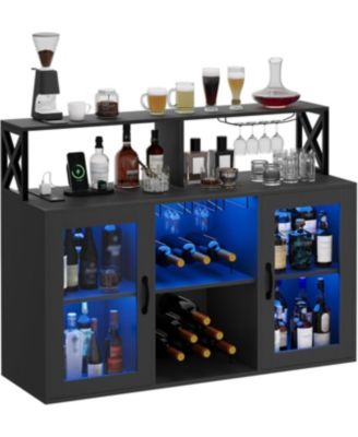 Wine Bar Liquor Cabinet with LED Lights, Glass Holder, Storage Shelves, and Rack for Home Kitchen or Coffee Bar