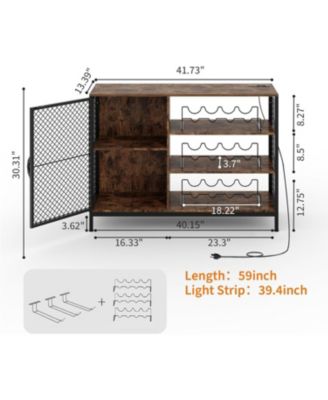 42-Inch Industrial Coffee Bar Cabinet with LED Lights, Power Outlets, Wood Liquor Cabinet with Doors, Glass Holders & Storage