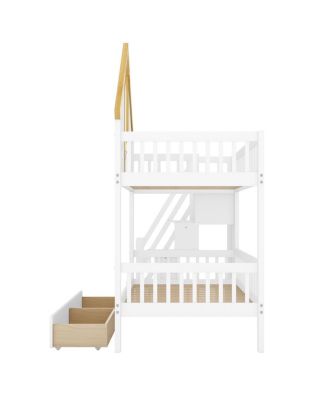 Twin Size Wooden House Bunk Bed with Window, Door, Roof, Drawers & Stairs