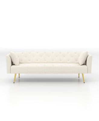 Modern 72" foldable sleeper sofa, beige velvet, retro style.