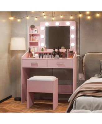Vanity Desk with Mirror & LED Lights, Makeup Table with Power Outlet, Cushioned Stool, 2 Drawers & 3 Lighting Modes