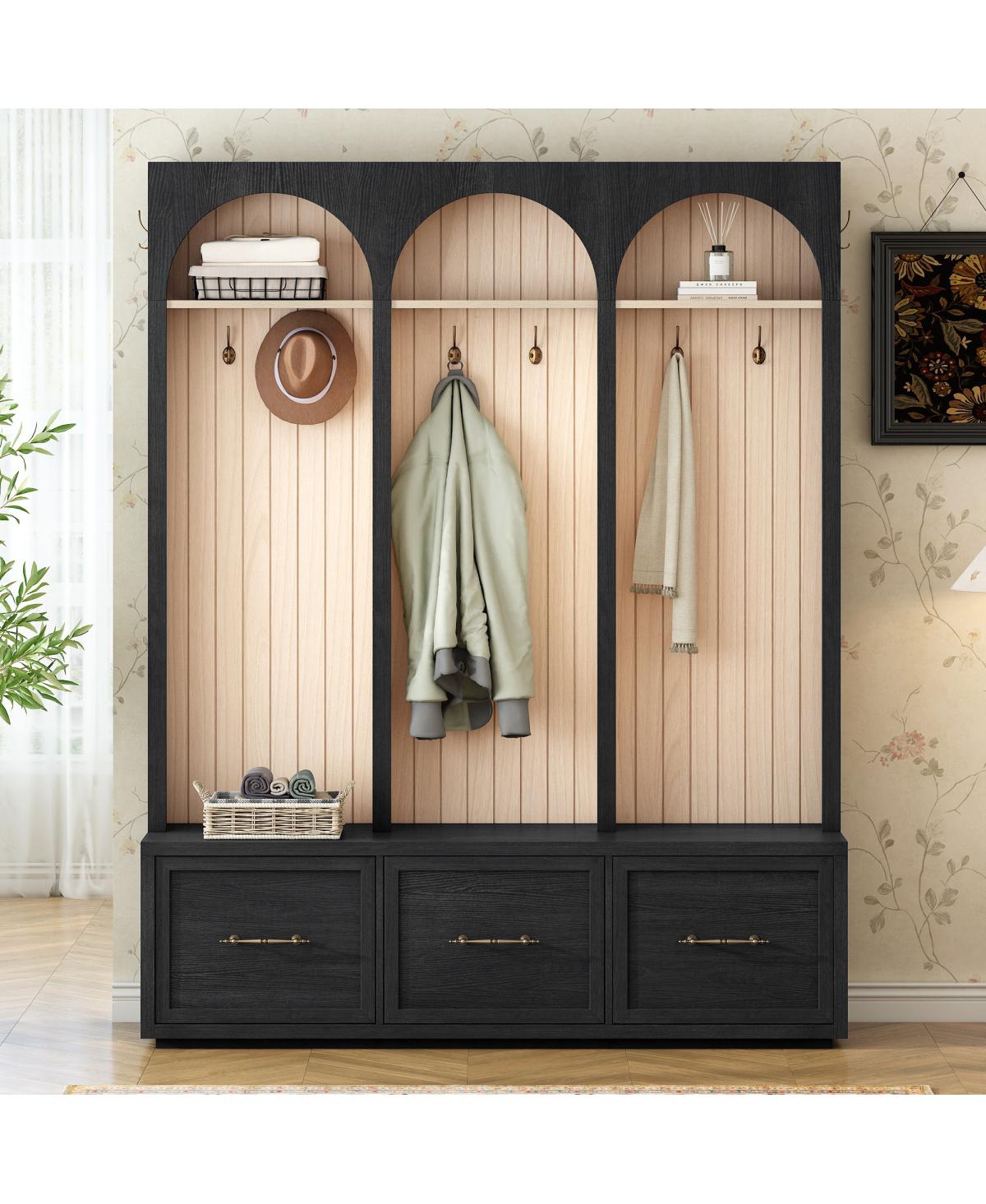 Streamdale Furniture Farmhouse Arched Hall Tree Bench with Hooks, Coat Rack & Shoe Organizer