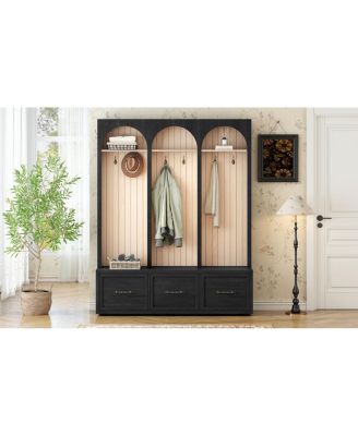 Farmhouse Arched Hall Tree Bench with Hooks, Coat Rack & Shoe Organizer