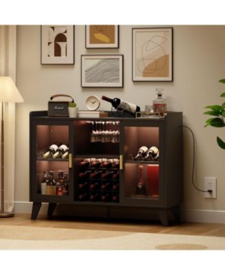 47 Inch Wine Bar Cabinet with LED Lights Modern Liquor Cabinet with Wine Racks and Glass Holders Freestanding Kitchen Buffet Sideboard