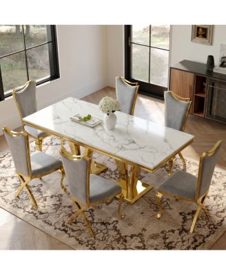 MDF Marble Top Dining Table for 6, White/Gold 66.9" Stainless Steel Base