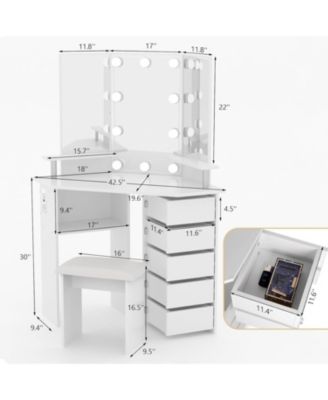 Makeup Vanity Desk with Lights and Power Outlet - Corner Vanity Table with 5 Rotating Drawers/3 Color Lighting/Brightness Adjustable