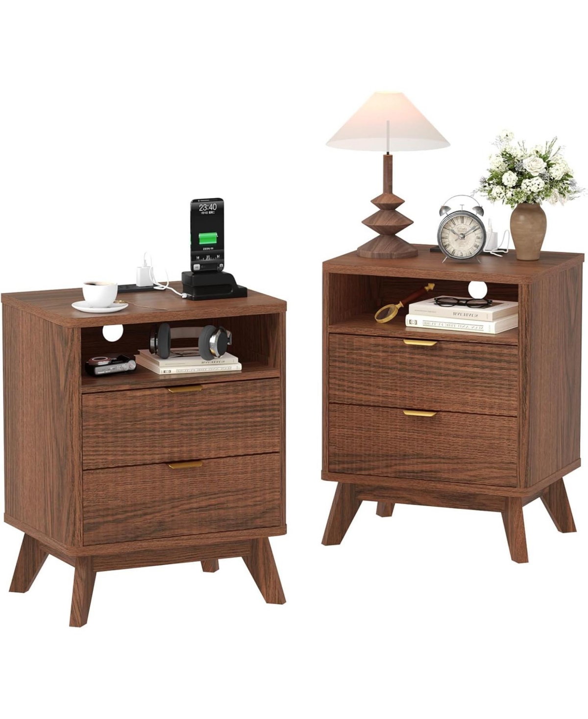 gaomon Modern Fluted Night Stands Set of 2, Nightstands with Usb Charging Station, Two Drawer Filing Cabinets Shelf