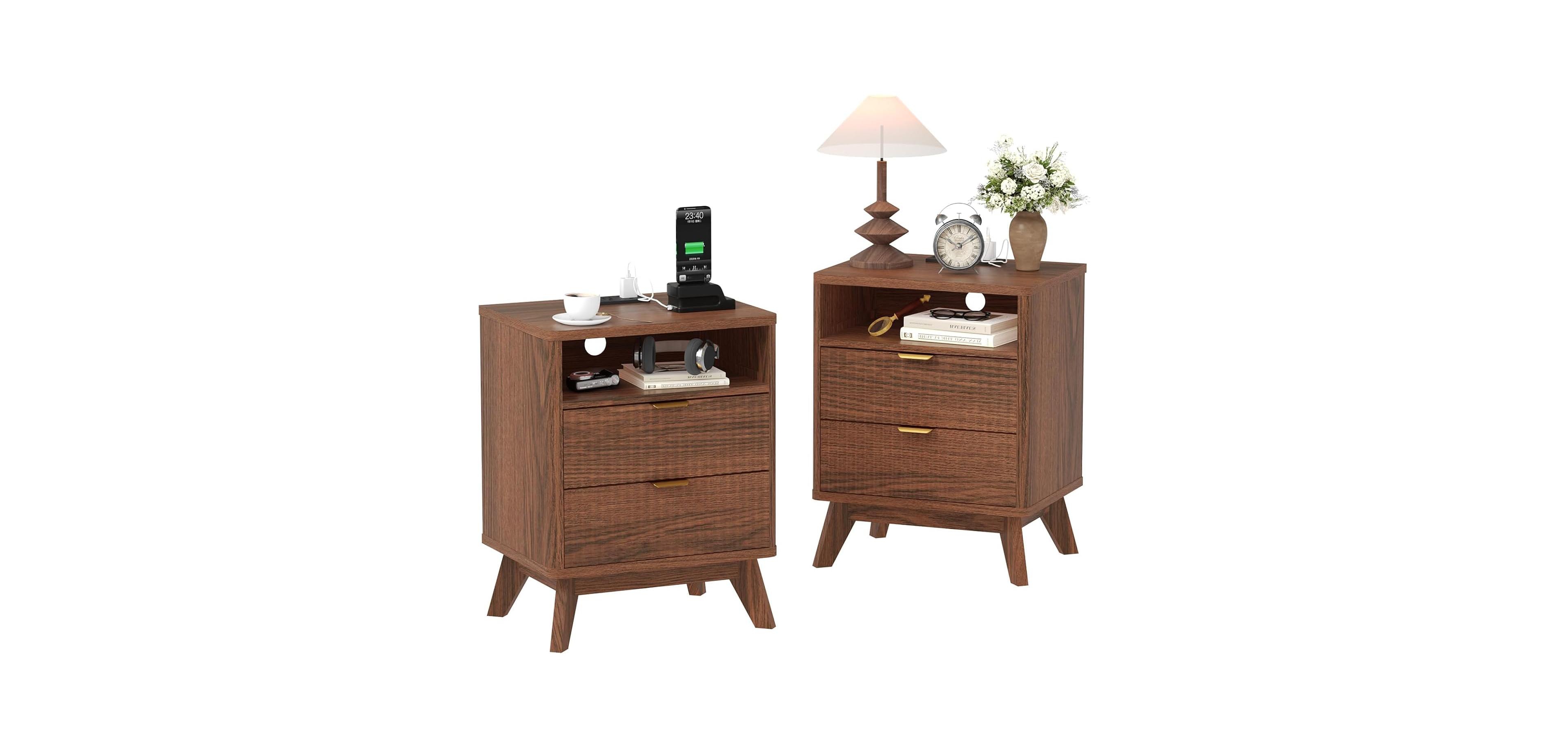 gaomon Modern Fluted Night Stands Set of 2, Nightstands with Usb Charging Station, Two Drawer Filing Cabinets with Shelf