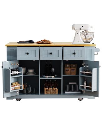 53" Large Kitchen Island with Drop Leaf, Power Outlet, Storage, Rolling Cart