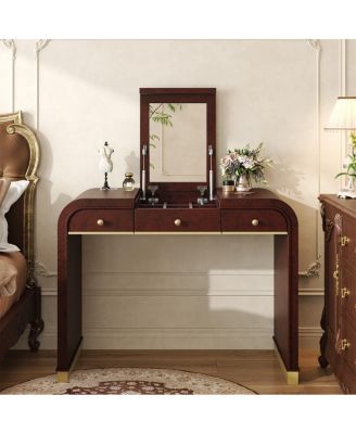 Classic Wood Vanity Desk with Flip Mirror, 3-in-1 Dressing Table
