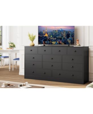  Drawer Dresser for Bedroom, 61 in Long Modern Black Dresser TV Stand with Charging Station, Large Wooden Chest Od Drawers for Nursery, Closet
