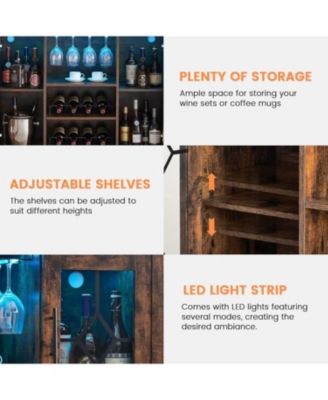 Wine Bar Cabinet with LED Light and Detachable Rack Wine Cabinet with Mesh Door Liquor Cabinet with Glass Holder Coffee Bar for Liquor