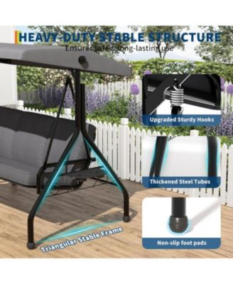 3 Seat Outdoor Porch Swing, 2-in-1 Patio Swing Chair with Thickened Removable Cushions, Adjustable Canopy   Cup Holders