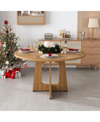 Round Farmhouse Dining Table - 47 Inch Oak Finish Kitchen Table