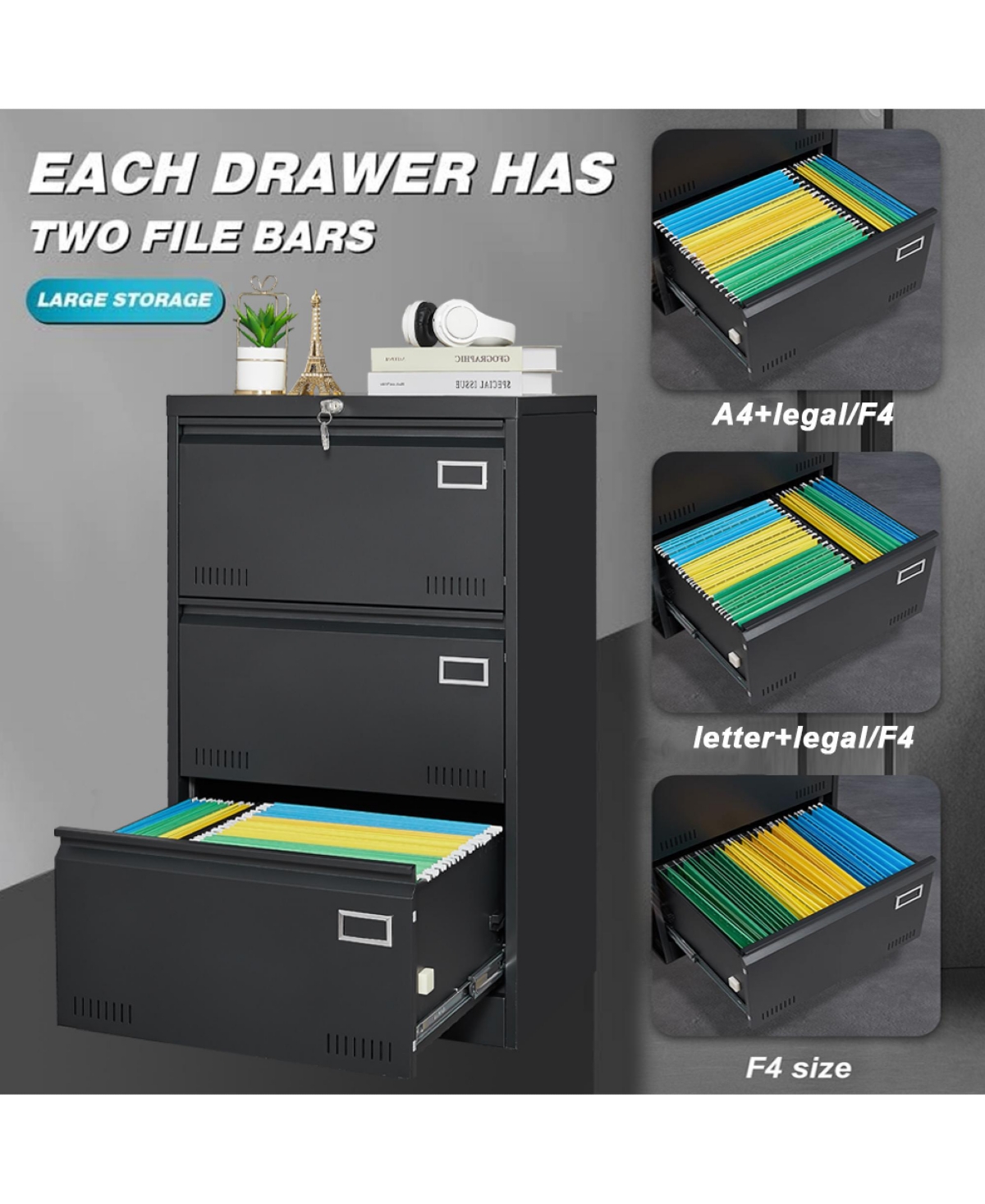 Rainsken 3 Drawer Lateral File Cabinet, Locking Metal File Cabinet