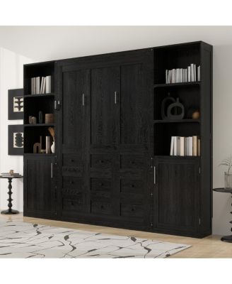 Queen size wooden Murphy Bed with Storage Shelves and Cabinets