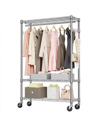 Heavy Duty Garment Rack on Wheels, 3 Tiers Adjustable Wire Shelving, Clothes Rack with 1 Rods and Side Hooks for Bedroom and Wardrobe, Chrome