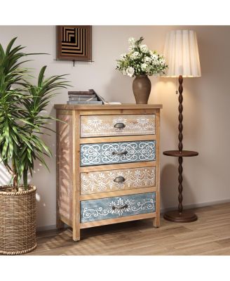  Vintage 4-Drawer Chest with Distressed Wood & Ornate Pattern Design