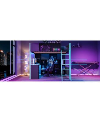 Full Size Wood Loft Bed with Desk, Ample Storage Space and Light