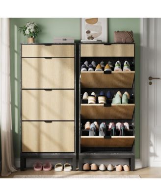 Freestanding Fluted Entryway Shoe Cabinet - 3 Flip Doors + 1 Drawer Storage Organizer