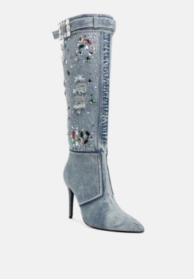 Womens Cornik Multi Color Stones Denim Boots