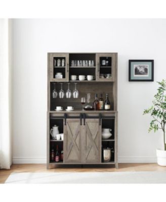 Stylish 70 Inch Tall Farmhouse Coffee Bar Cabinet with Sliding Barn Door Ample Storage Buffet with 7 Adjustable Shelves