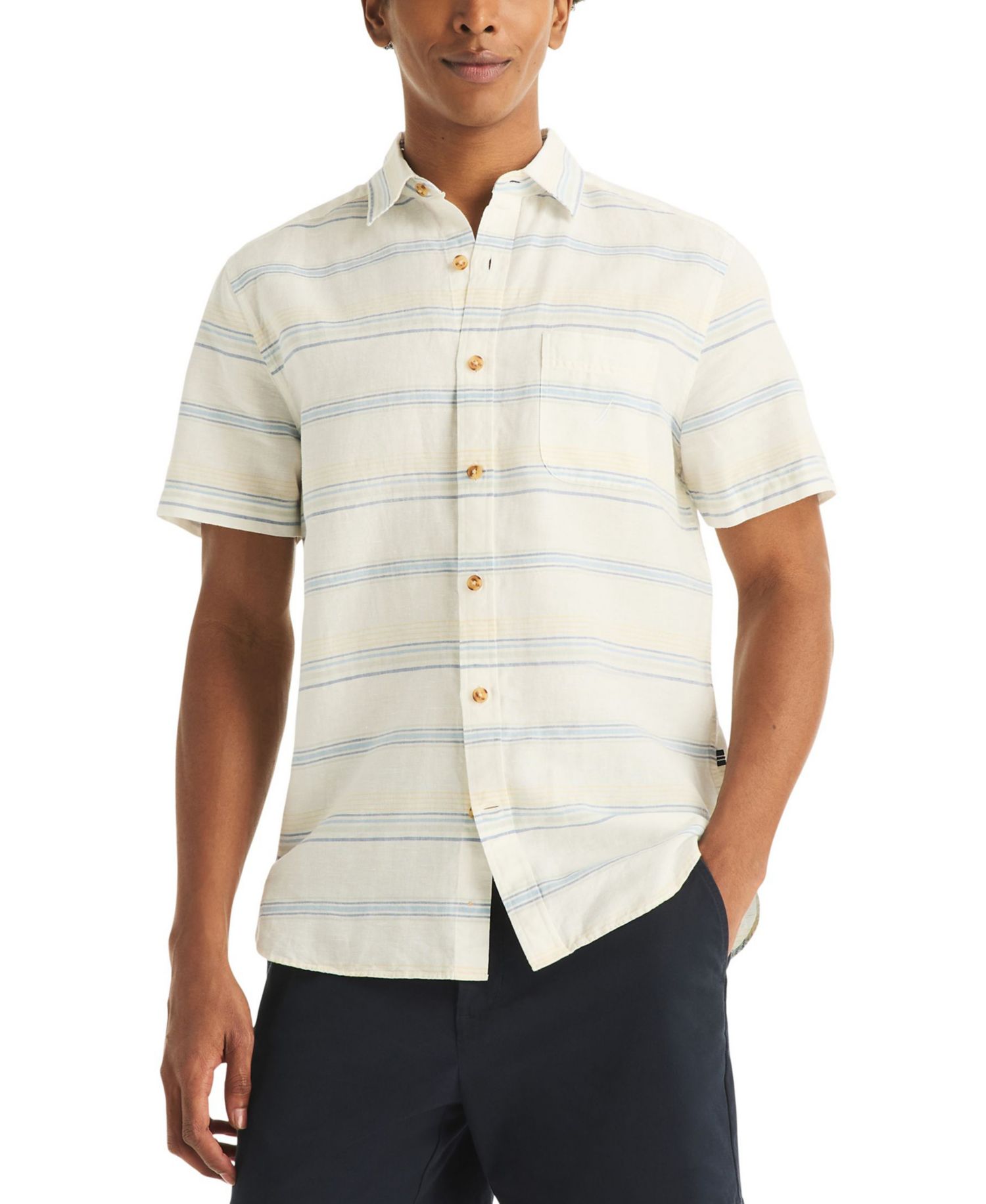 Men's Short-Sleeve Linen-Blend Horizontal Stripes Shirt
