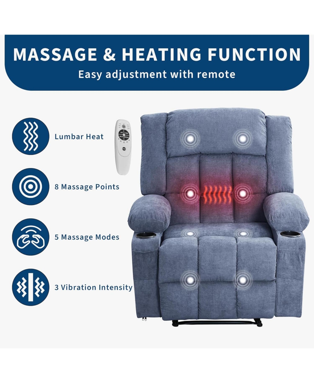 gaomon Large Recliner Chair, Manual Reclining Sofa with Massage and Heat, Comfy Sofa Chair with 3 Positions, 2 Side Pockets