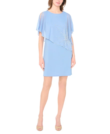 Petite Asymmetric Crew Neck Short Dress - Patch Blue