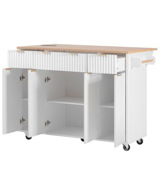 Fluted Kitchen Island with Storage, Drop Leaf, Power Outlet, 4 Doors, 3 Drawers