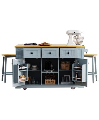 Kitchen Island w/ 2 Stools, Power Outlet, Storage, Drop Leaf, 5 Wheels