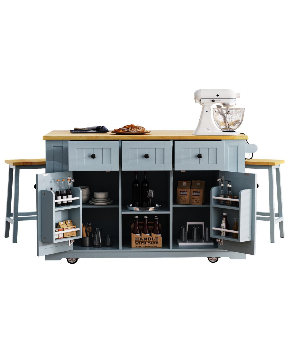 Streamdale Furniture Kitchen Island w/ 2 Stools, Power Outlet, Storage, Drop Leaf, 5 Wheels