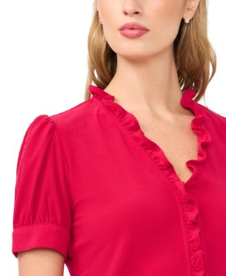 Women's V-Neck Short-Sleeve Buttoned Top