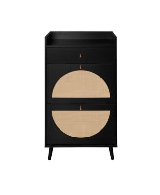 Slim Rattan Shoe Cabinet, Freestanding Shoe Rack, Hidden Shoe Storage Organizer with 2 Flip Drawers for Entrance, Hallway