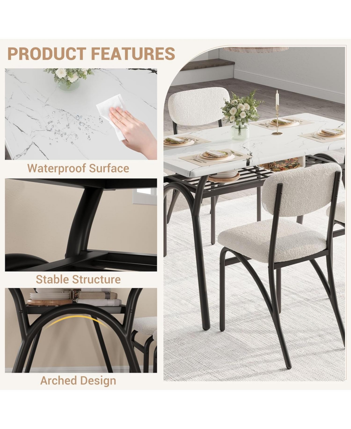 gaomon Dining Table Set for 4 Modern Kitchen Table and Chairs Set Boucle Chairs Sets Dining Table with Storage Shelf and Metal Legs