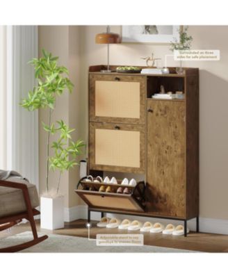 Rattan Narrow Entryway Shoe Cabinet - 3 Flip Drawers with Adjustable Shelves Storage Organizer